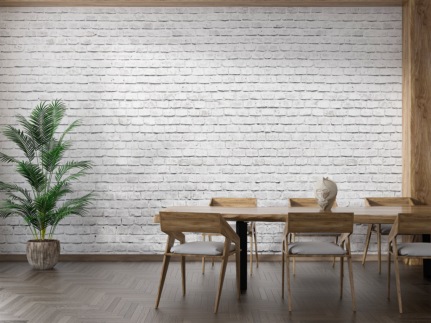 White brick wall mural creating depth in cozy bedroom setting