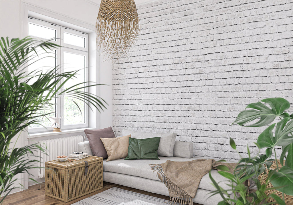 Industrial style white brick mural in retail space highlighting versatile application