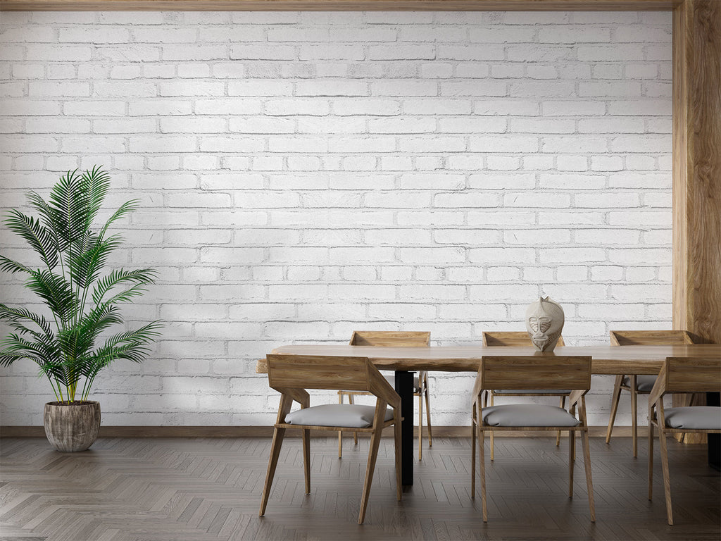 White brick wallpaper in modern living room with gray sofa and industrial lighting