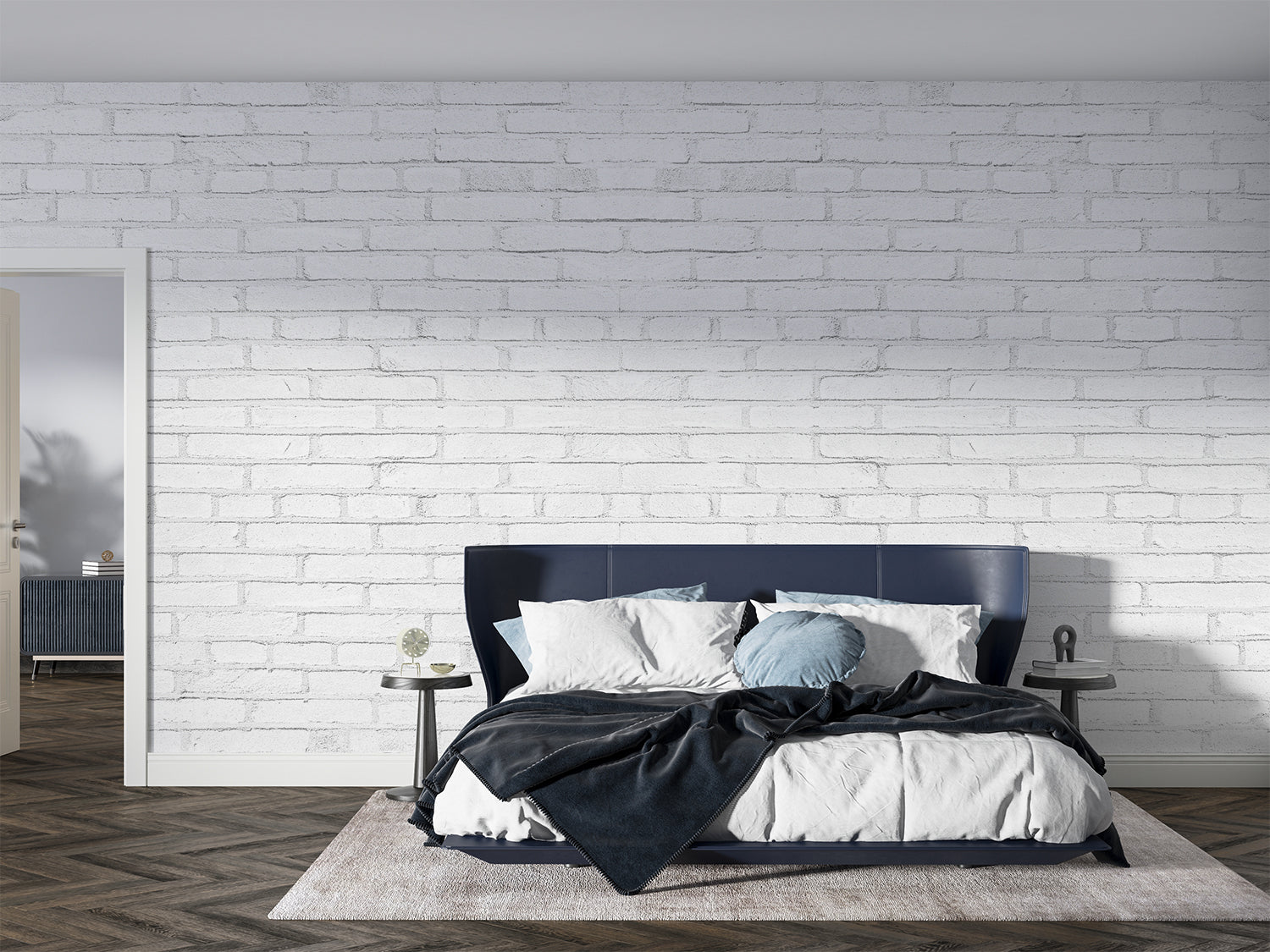 Industrial style bedroom featuring white brick wall mural with metal accents