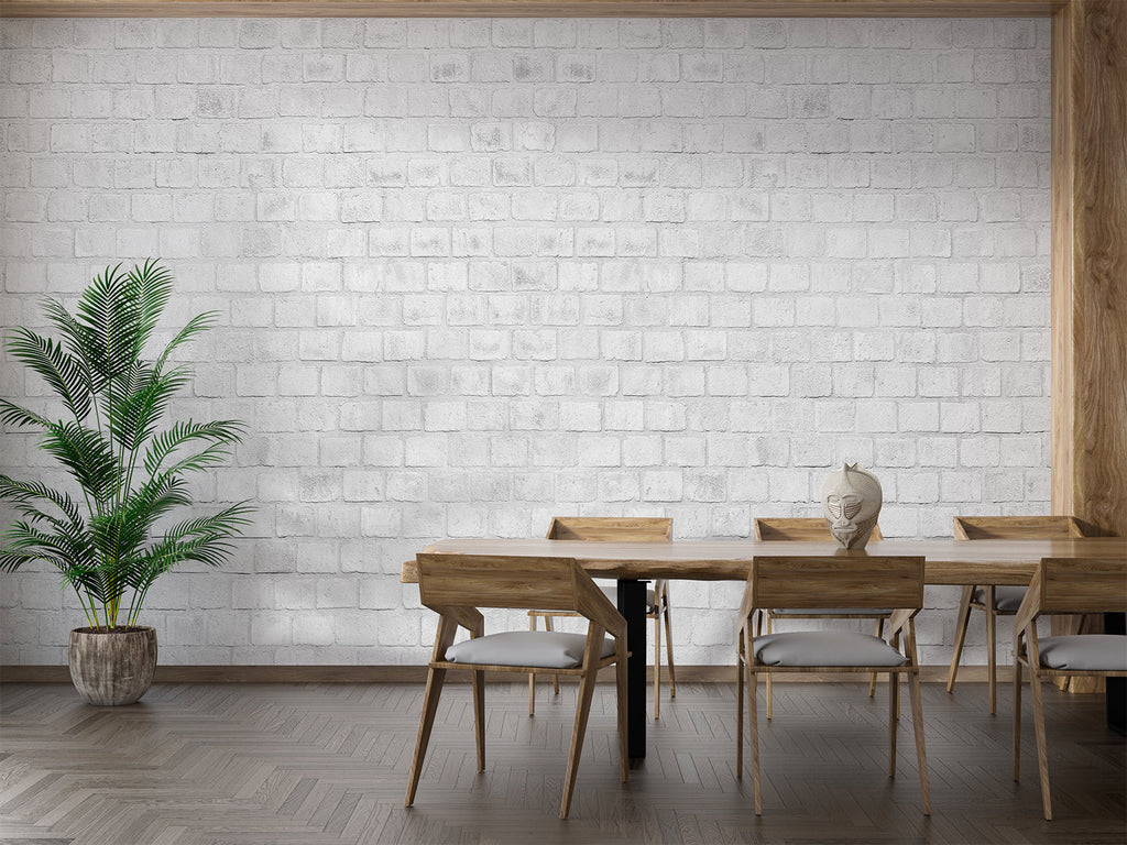 White brick mural wallpaper in modern living room creating bright, airy atmosphere