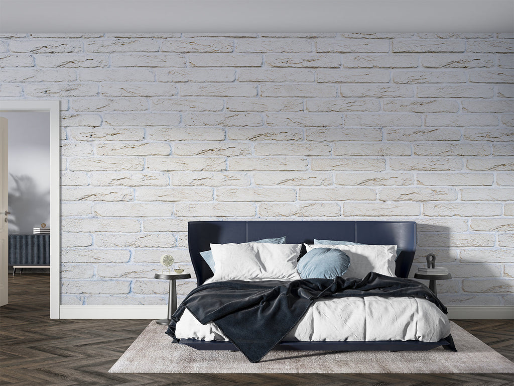 Textured brick wallpaper application in modern bedroom