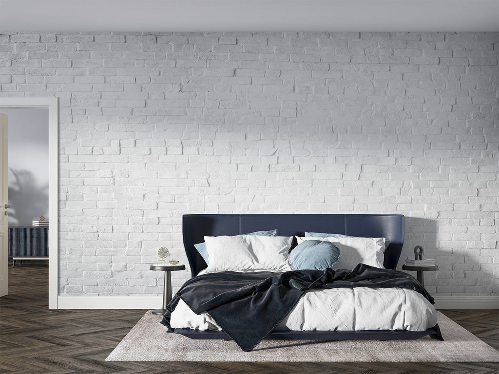 Bright white brick wallpaper in home office, providing professional backdrop