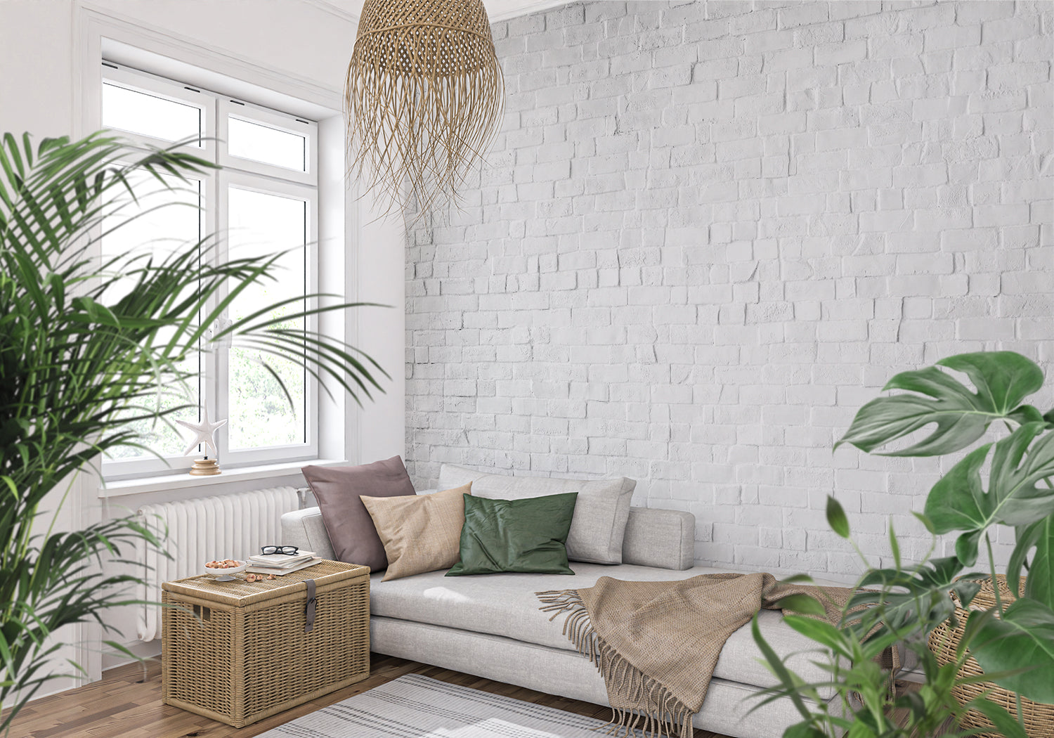 White textured brick mural in bedroom, adding subtle depth to walls