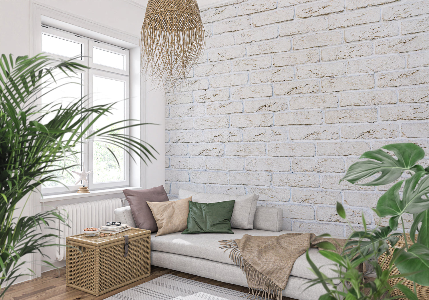 Textured white brick wallpaper in bright kitchen space