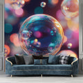 Bubble wall mural creating a dreamy atmosphere in a modern living room, pink and blue iridescent spheres floating on wall