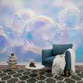Bubble wall mural with iridescent pastels creating a dreamy atmosphere in a modern living room