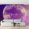 Purple bubble wallpaper creating depth in modern living room, floating spheres design casting reflections on furniture