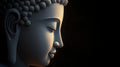 Buddha wall mural creating a peaceful atmosphere in a modern minimalist living room with soft lighting