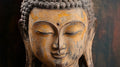Buddha mural wallpaper creating serene atmosphere in modern meditation room with minimal furniture and soft lighting