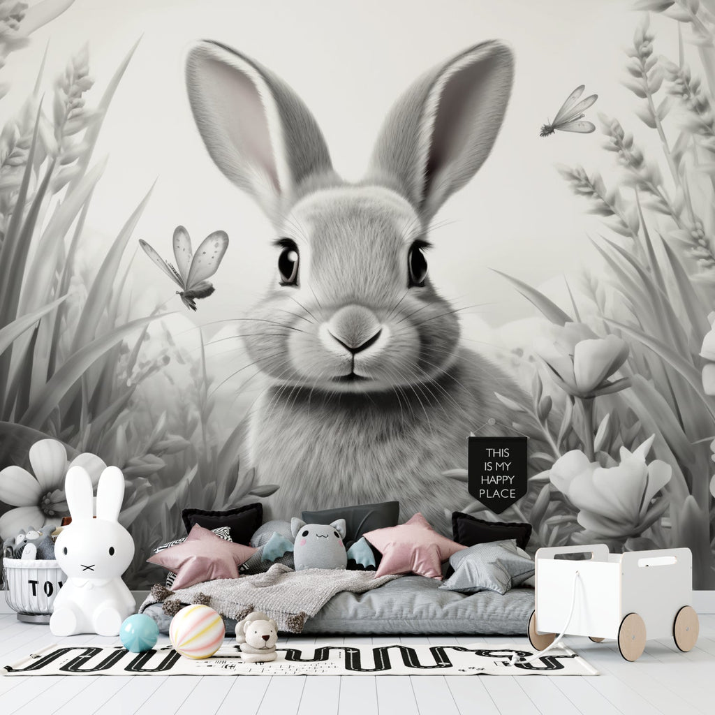 Enchanted garden bunny mural in child's reading nook with cozy pillows