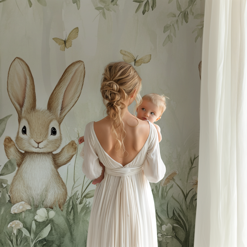 Bunny themed wall mural displayed in a playful children's bedroom setting