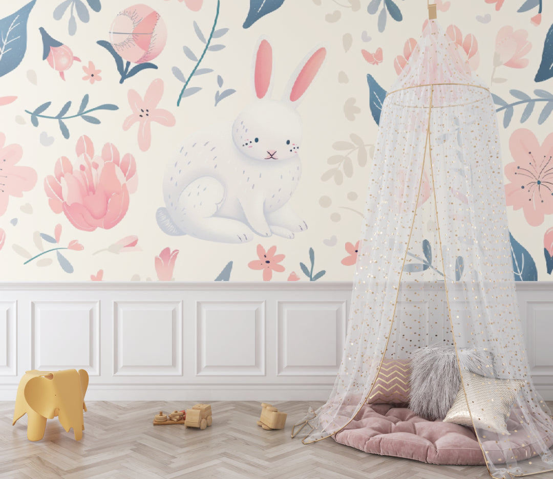 Children's reading nook with bunny wallpaper and soft lighting