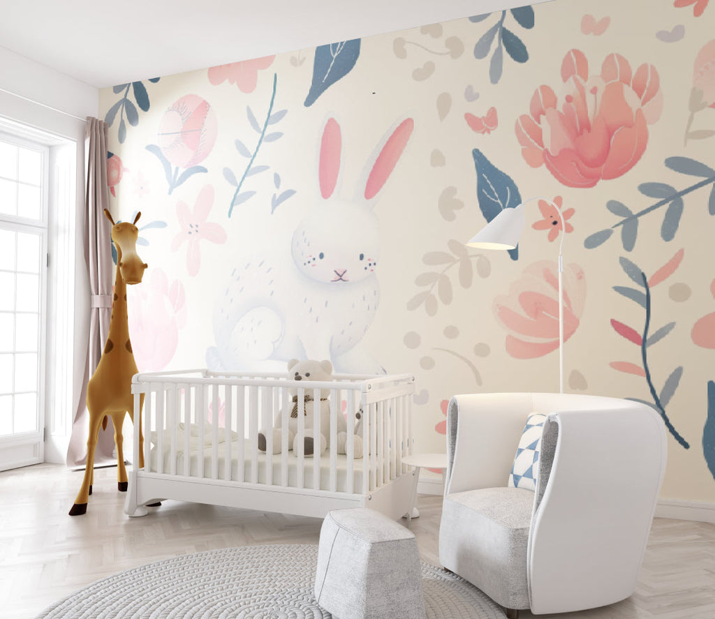 Toddler room featuring pink blossom bunny wall mural