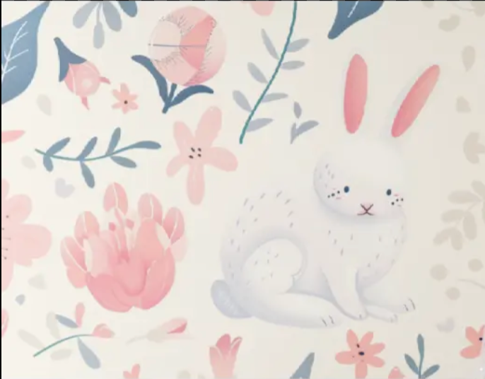 Bunny and pink blossoms nursery wallpaper design file showing full pattern detail
