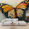 Butterfly wall mural creating depth in a bright modern living room, orange Monarch design catching morning light