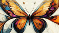 Butterfly wall mural in modern living room showing orange and blue abstract wings design against white wall