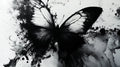 Black and white butterfly wallpaper creating dramatic impact in a modern living room with minimalist furniture