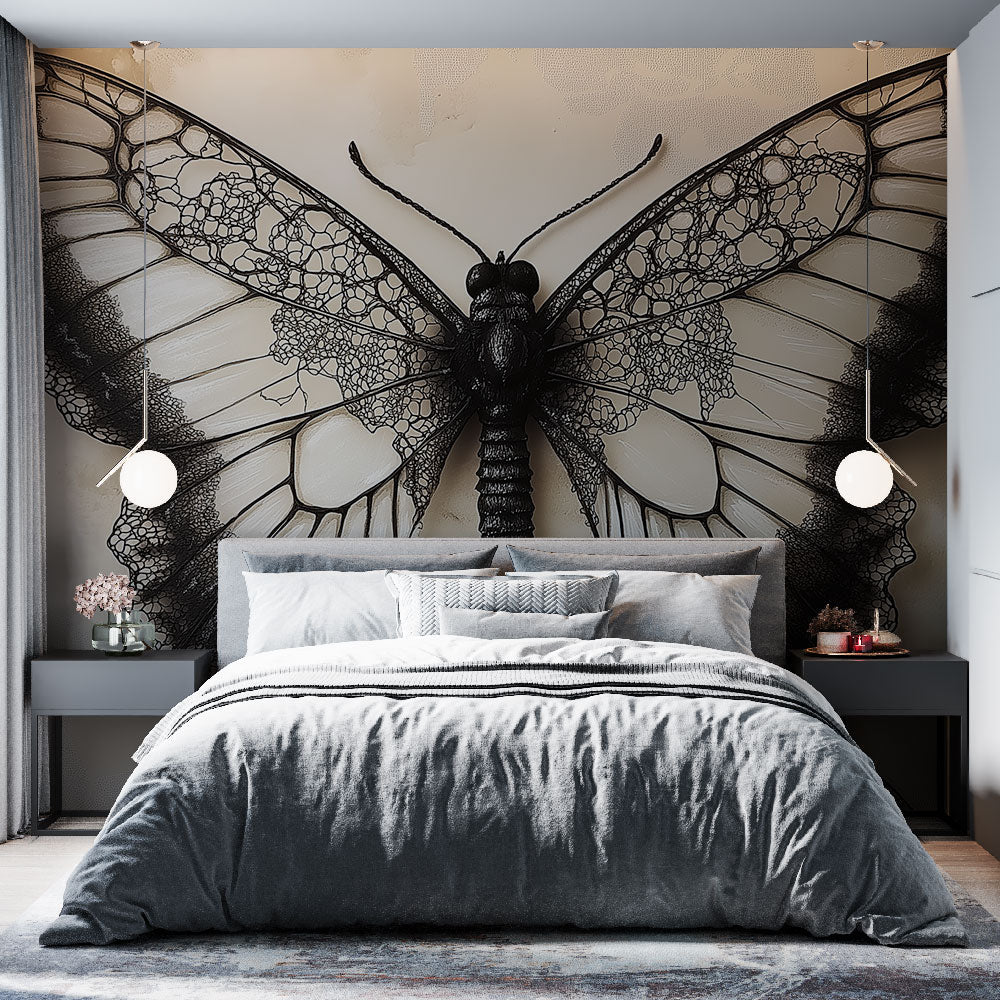 Black lace butterfly wallpaper making a bold statement in a modern dining room with clean lines and natural light
