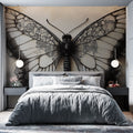 Black lace butterfly wallpaper making a bold statement in a modern dining room with clean lines and natural light