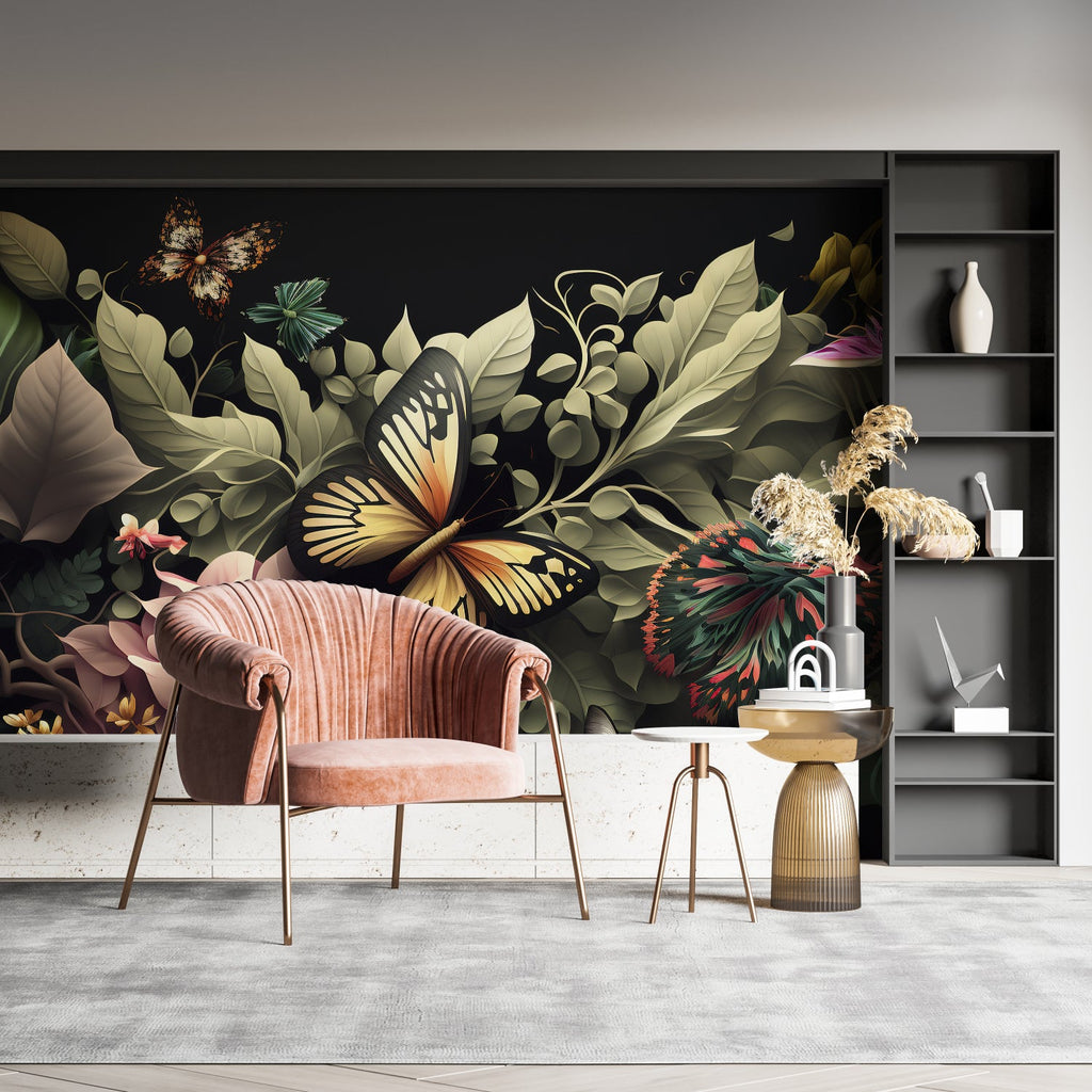 Dark floral butterfly wallpaper bringing elegance to a master bedroom setting