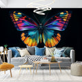 Butterfly wall mural creating a stunning accent wall in a modern living room, iridescent wings shimmering against dark background
