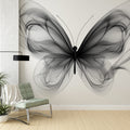 Modern Black Butterfly Wallpaper creating dramatic impact in a minimalist living room with white furniture