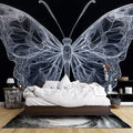 Modern butterfly line art wallpaper creating dramatic impact in a minimalist living room with natural lighting