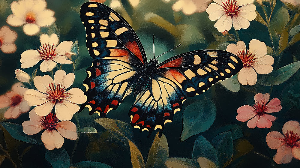 Monarch butterfly and garden bloom design file showing intricate pattern details