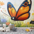 Butterfly wall mural creating a peaceful atmosphere in a bright living room with modern furniture
