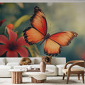 Butterfly wall mural with orange Monarch design creating a warm atmosphere in a bright living room setting