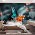 Butterfly wall mural with turquoise wings creating a peaceful atmosphere in a modern living room