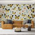 Yellow Monarch Butterfly wallpaper creating a bright, cheerful atmosphere in a modern living room with natural light