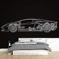 Car blueprint wallpaper creating a modern design statement in a minimalist home office with clean white walls