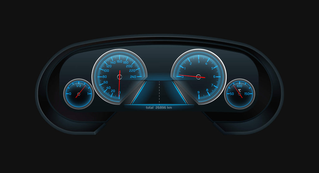 Digital speedometer design file showing detailed blue gauges on black background