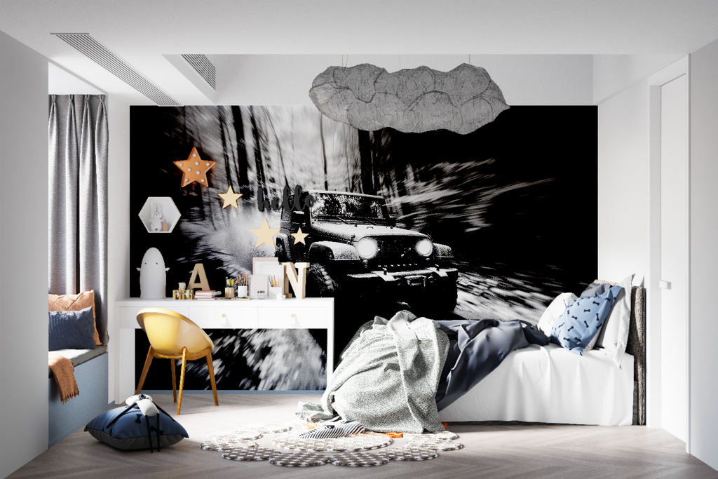 Car wall mural installation in home office with black desk and modern lighting