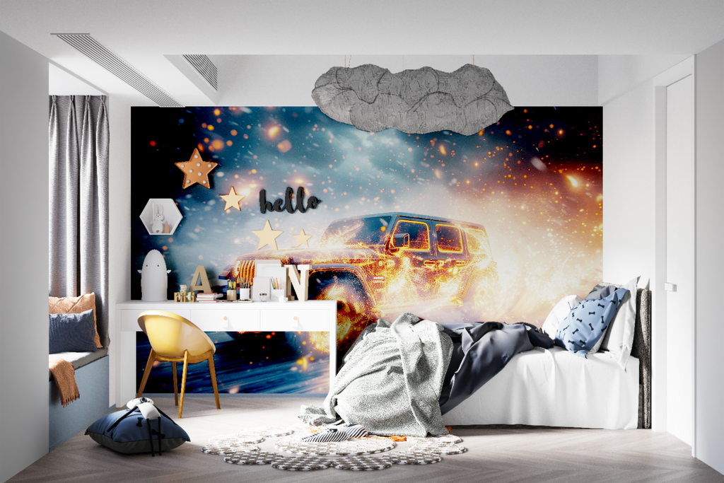 Automotive wall mural in game room featuring dynamic SUV design with flame effects