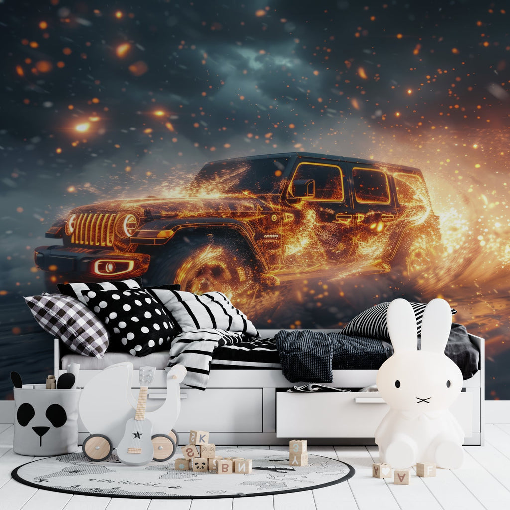 SUV wall mural installation in home office showing dramatic lighting effects