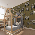 Military green off-road vehicle wallpaper in modern kids bedroom showing jeep pattern