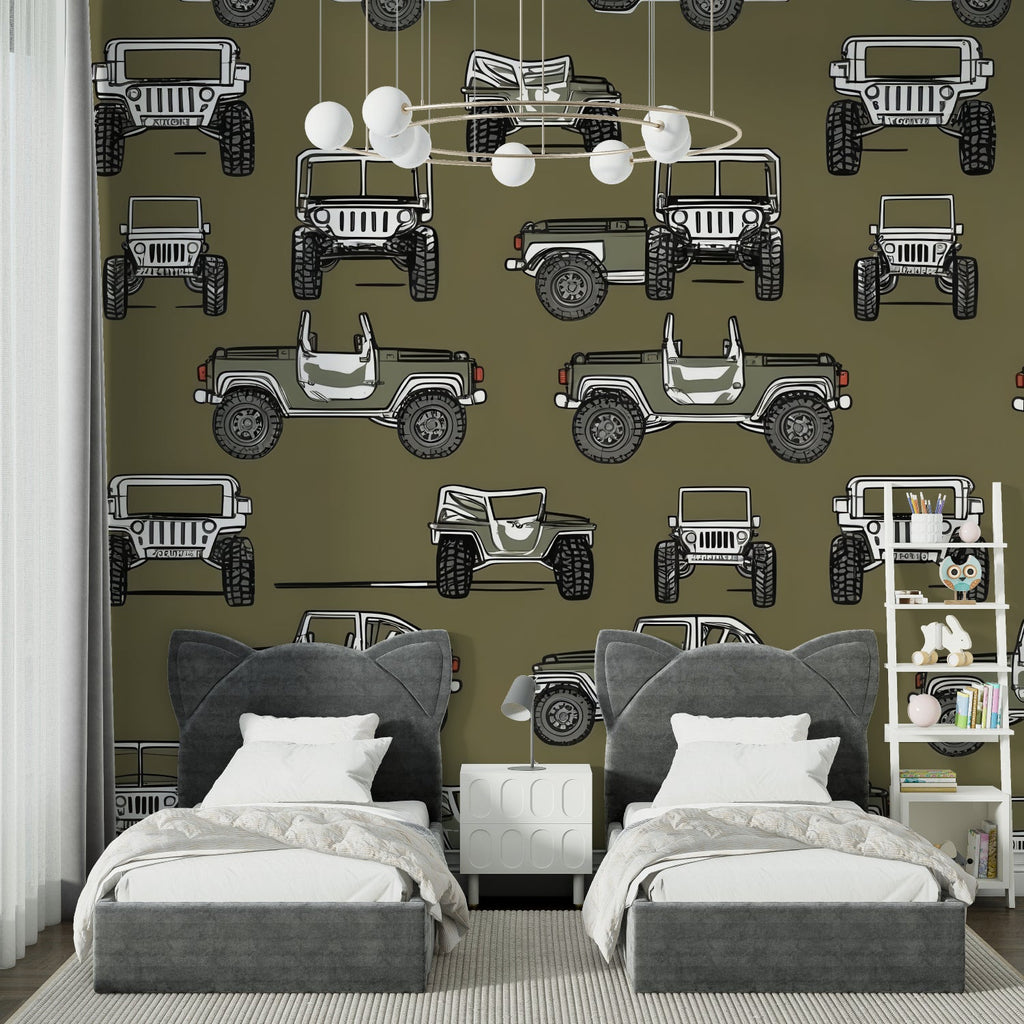 Off-road vehicle pattern wallpaper styled in teen gaming room with olive green tones