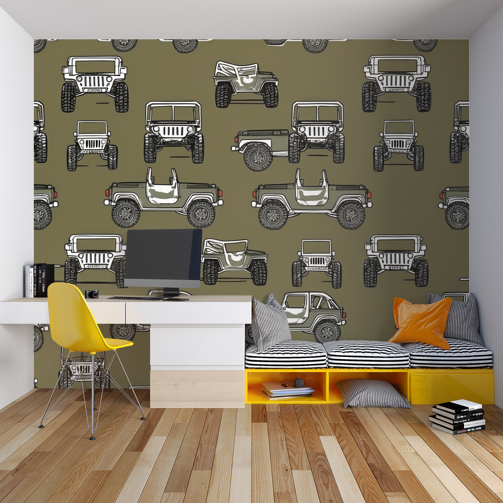 Car pattern wallpaper installation in modern playroom showing scale