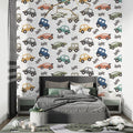 Racing car wallpaper bringing life to a modern kids bedroom with soft natural lighting