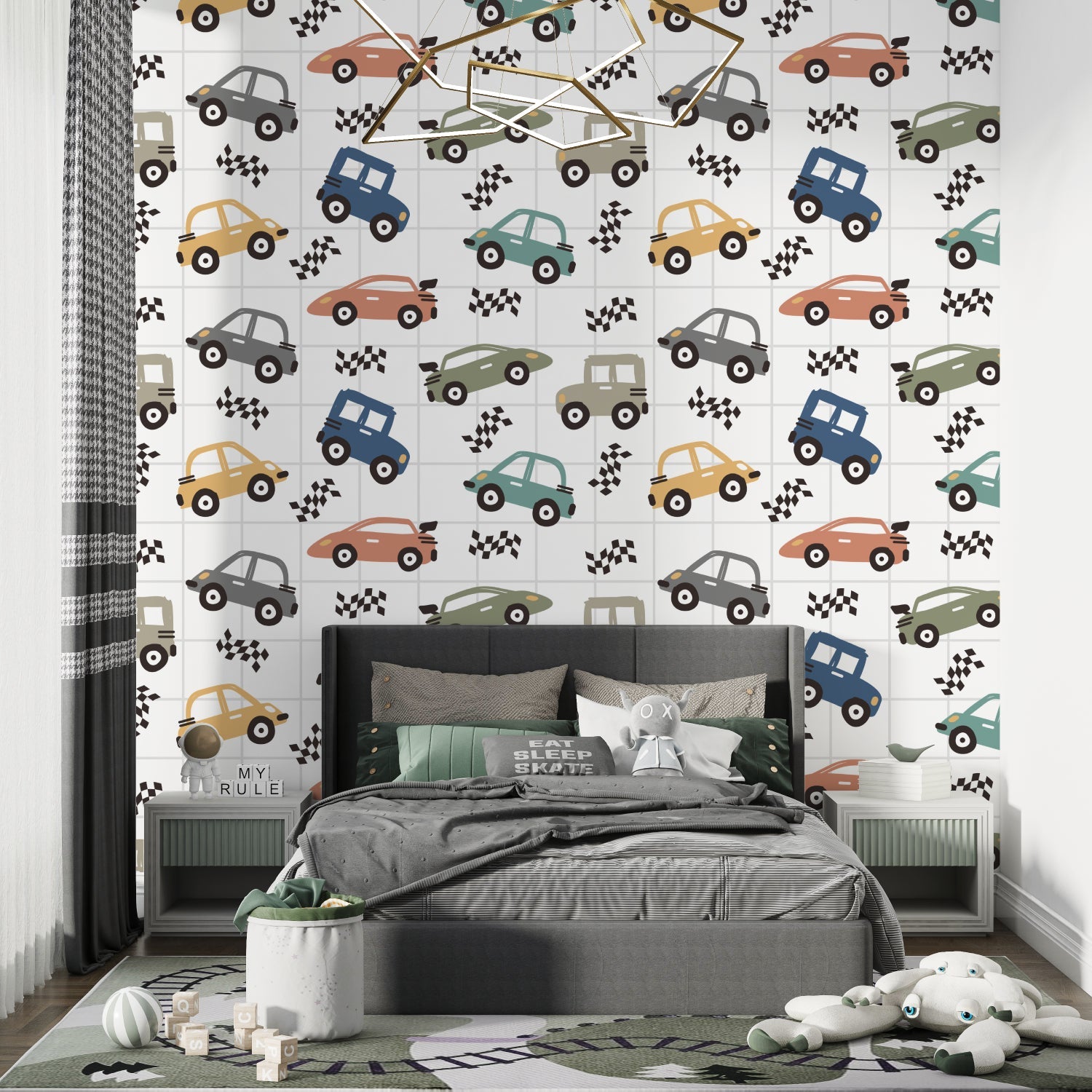 Racing car wallpaper bringing life to a modern kids bedroom with soft natural lighting