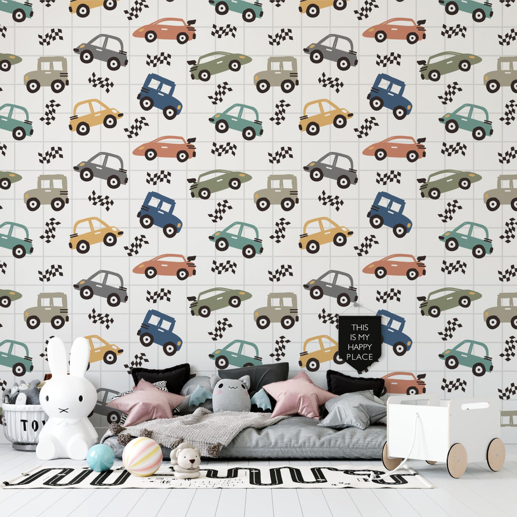 Vintage car mural design showcased in a cozy playroom setting