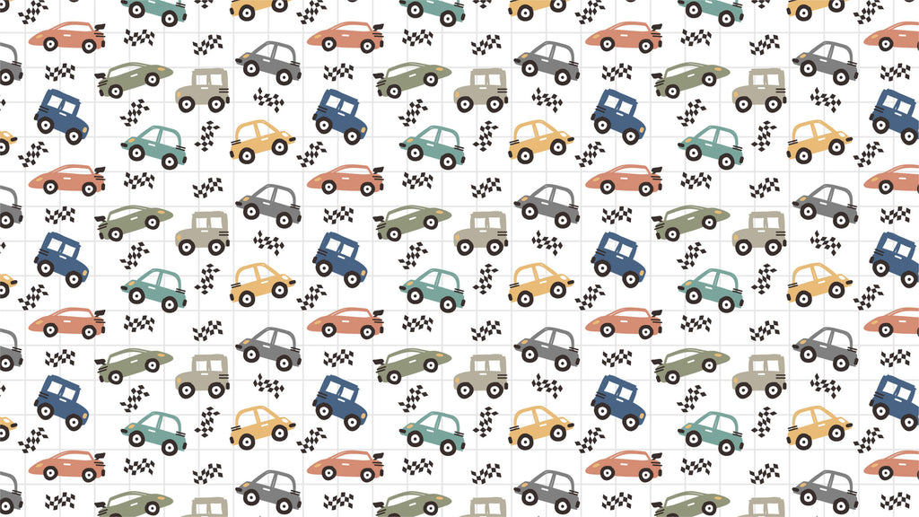 Racing car wallpaper design file showing detailed pattern with checkered flags and vintage vehicles