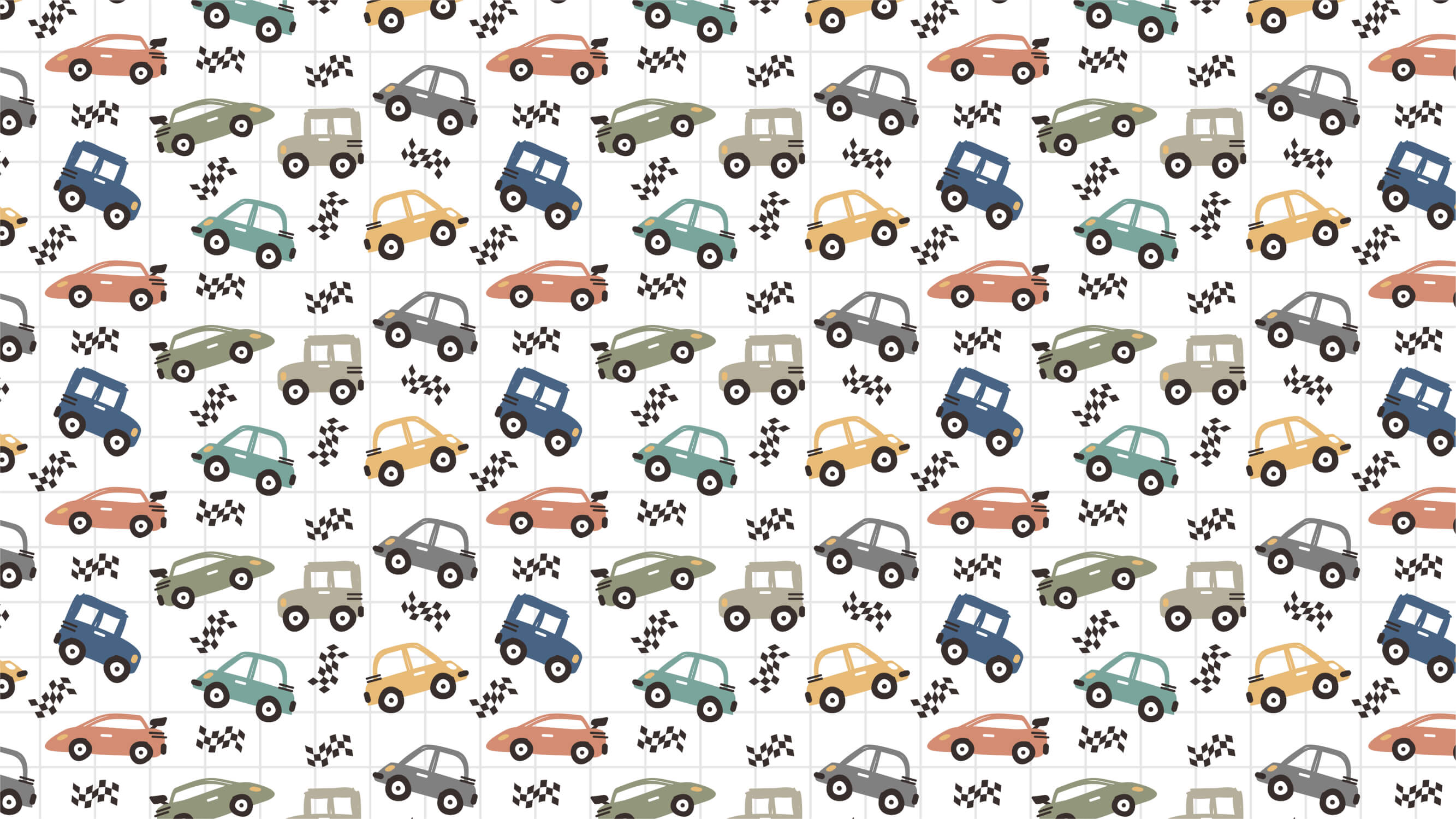 Racing car wallpaper design file showing detailed pattern with checkered flags and vintage vehicles