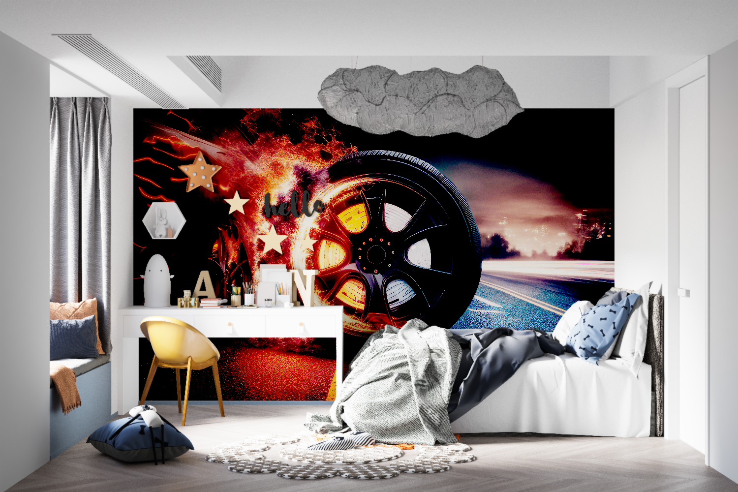 Sports themed racing mural in contemporary man cave with leather furniture