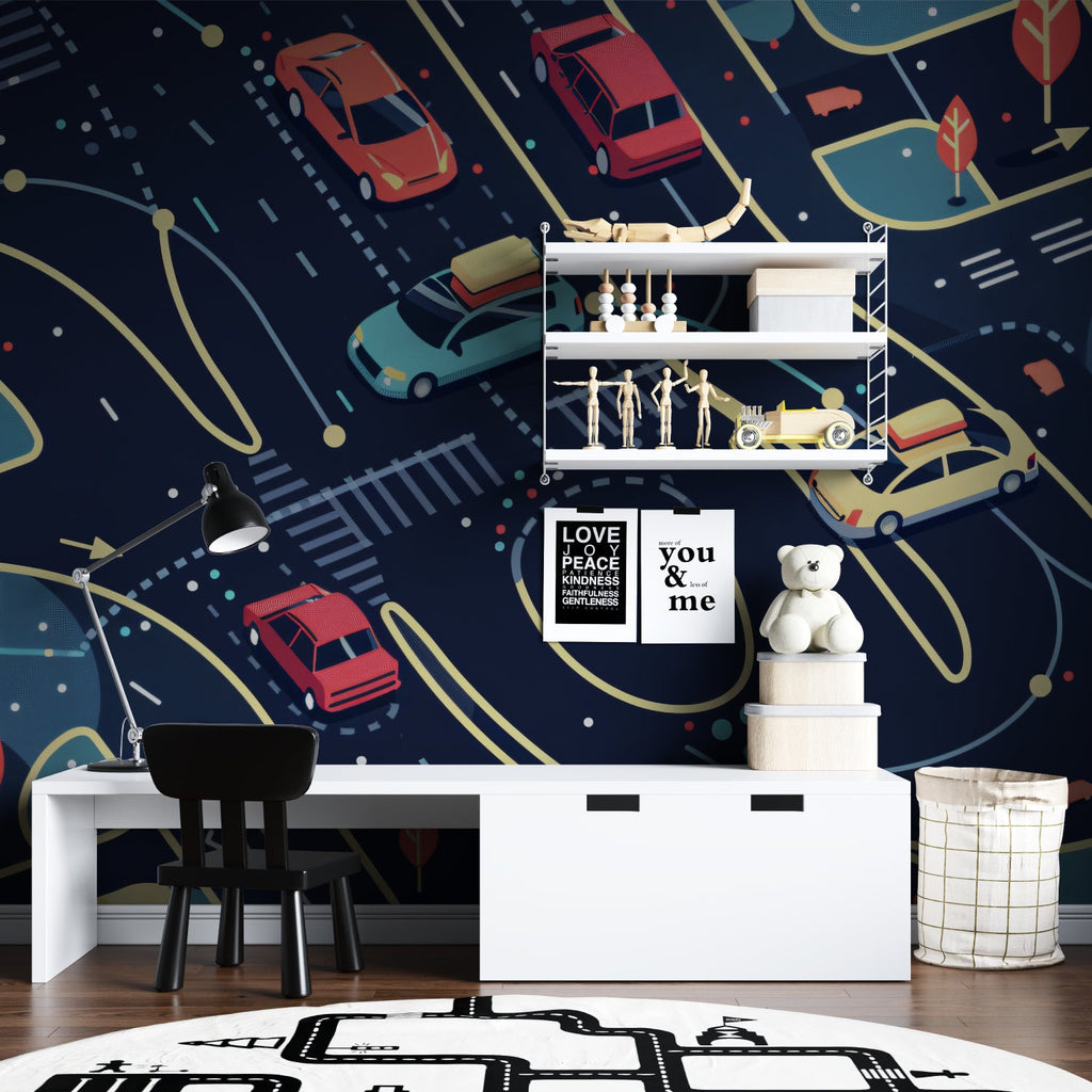 Urban car racing wallpaper showcased in a contemporary home office space
