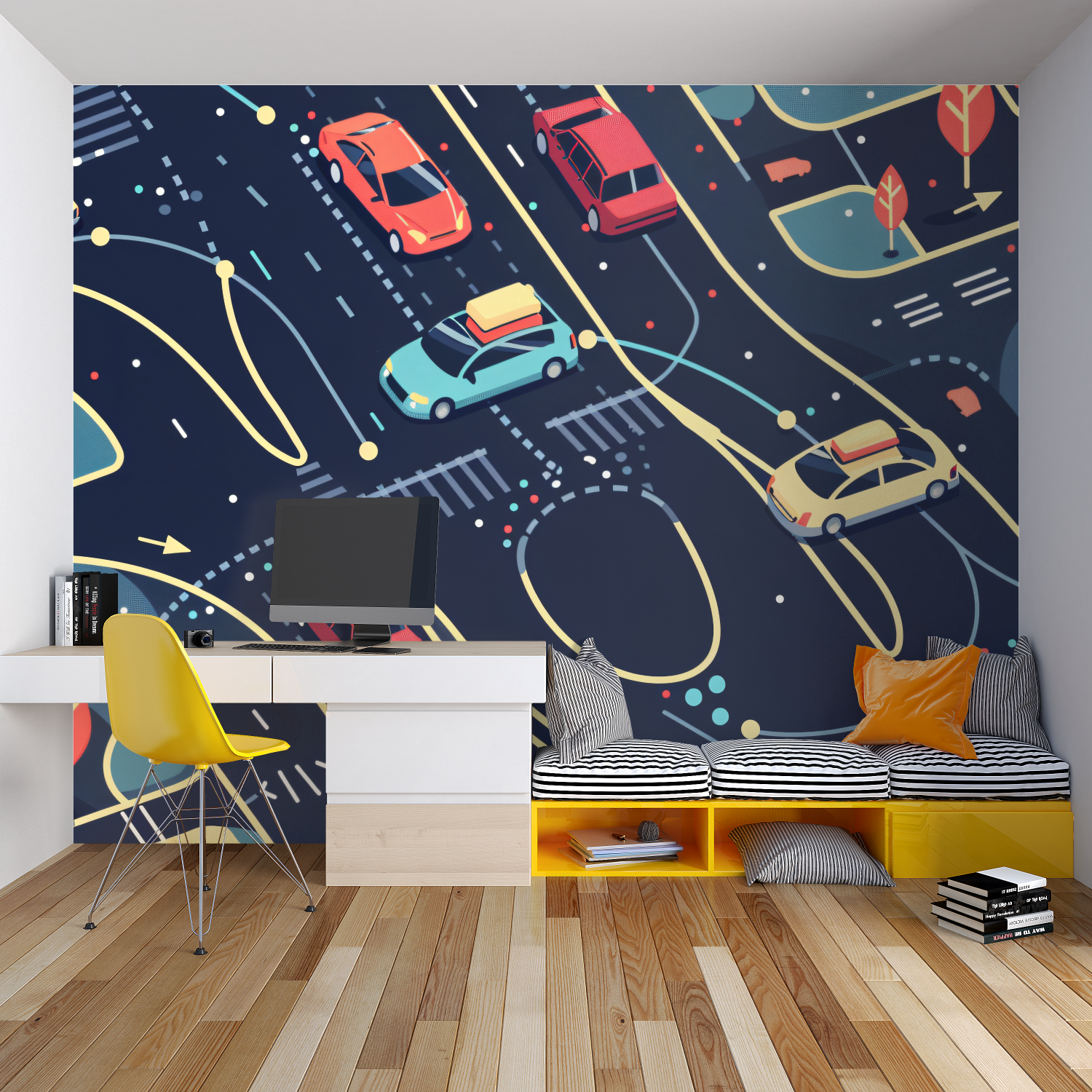 Modern racing car mural adding energy to a stylish playroom setting