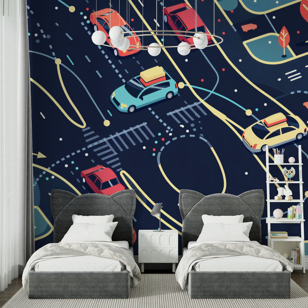Night city car theme transforming a modern living room wall